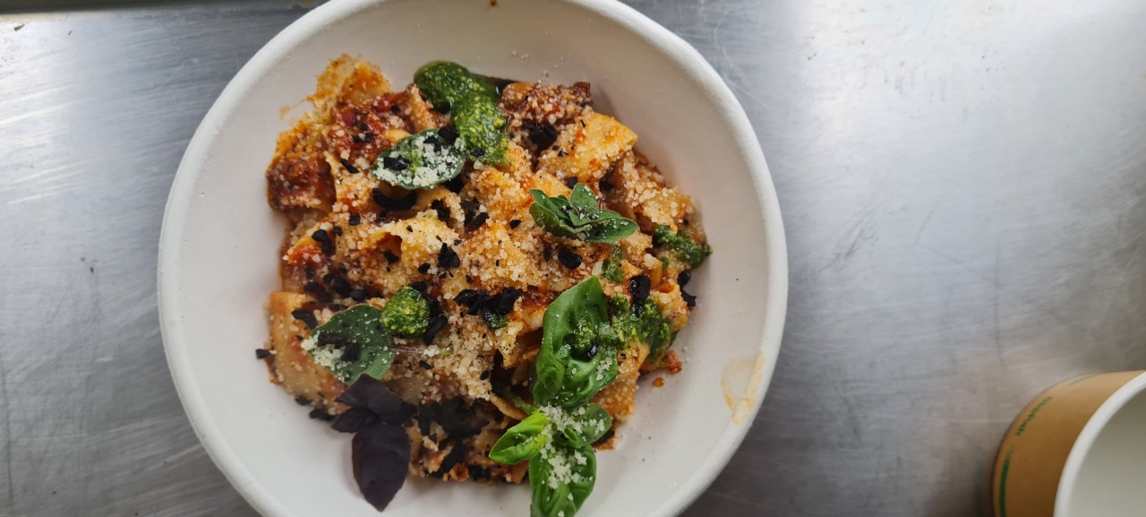 Fresh pasta with olive crumb and pesto